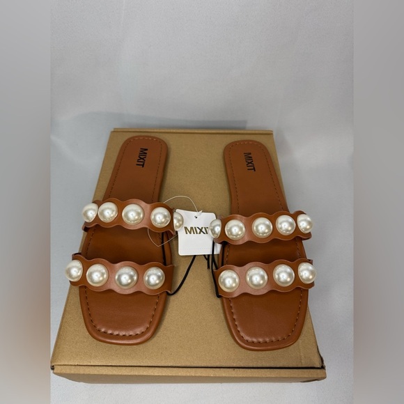 Mixit Sophie Faux Pearl Open Toe Slide Sandals Cognac Brown   Vegan Leather 8M - Picture 1 of 11